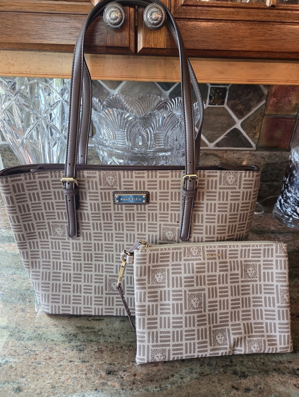 Anne Klein Brown Logo Jacquard Handbag Or Tote With Wristlet